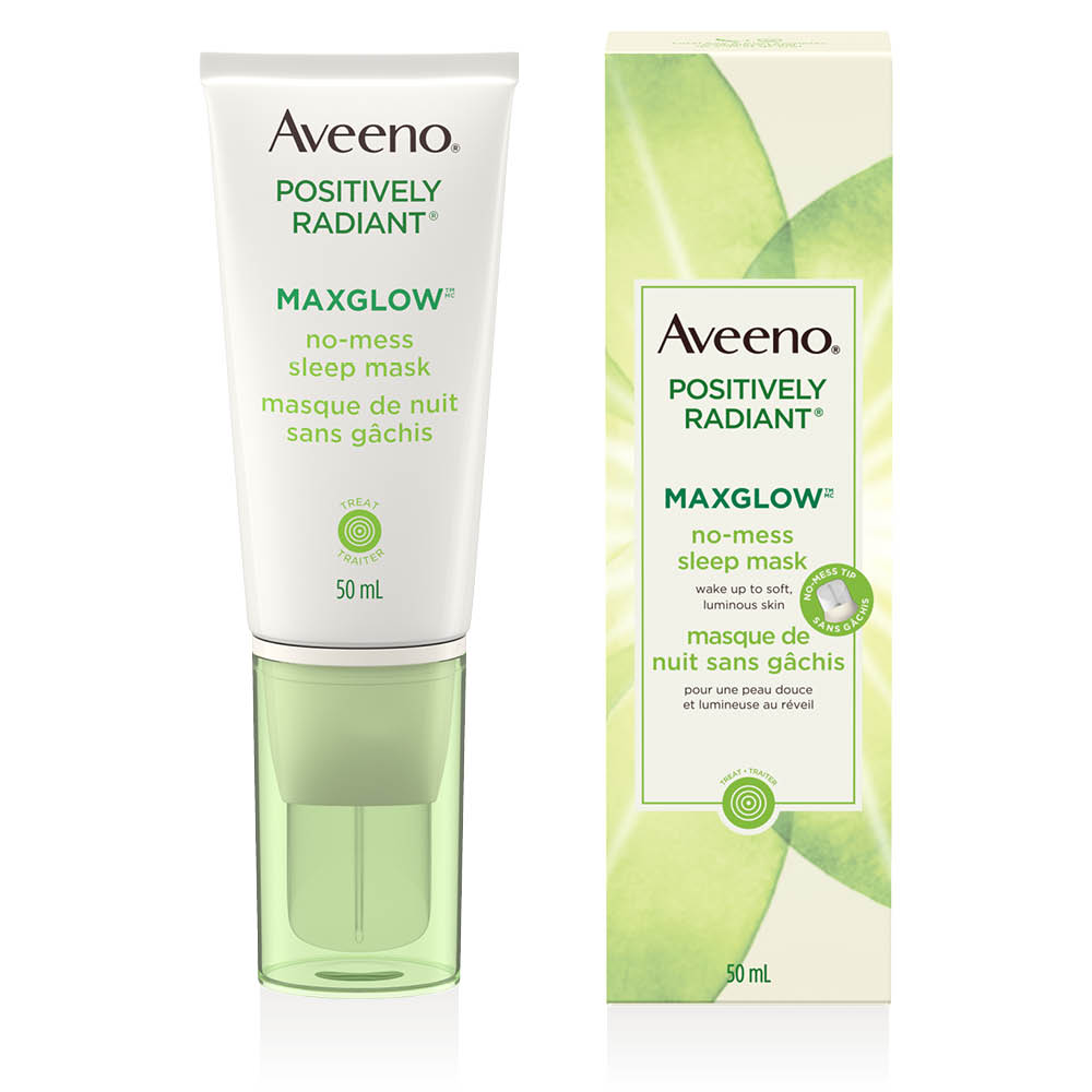 AVEENO® POSITIVELY RADIANT® MAXGLOW® No-mess Sleep Mask Packaging and Tube, 50ml