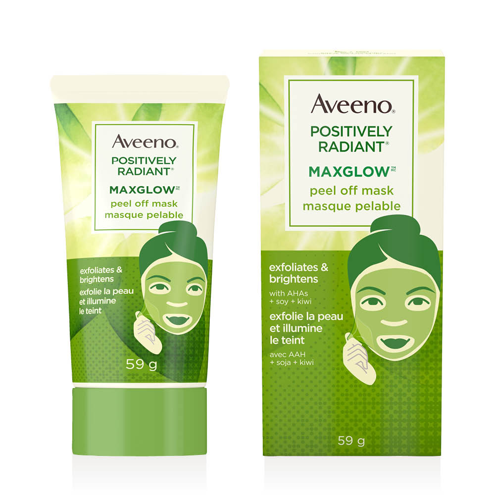 AVEENO® POSITIVELY RADIANT® MAXGLOW® Peel Off Mask Packaging and 59g tube