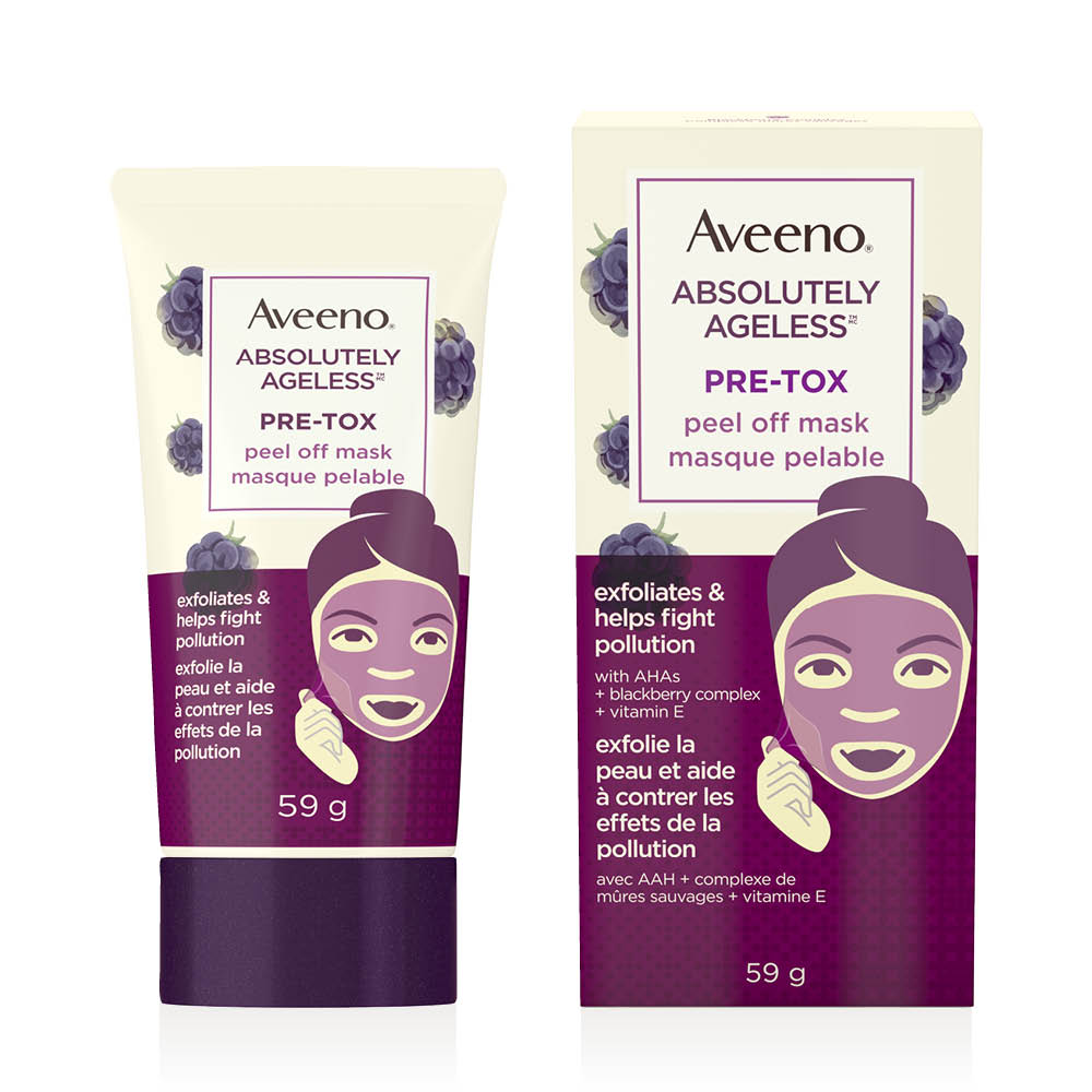 AVEENO® Absolutely Ageless Pre-tox Peel Off Mask packaing and 59g squeeze tube