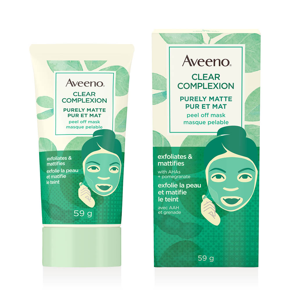 AVEENO® Clear Complexion Purely Matte Peel Off Mask packaging and 59g squeeze tube