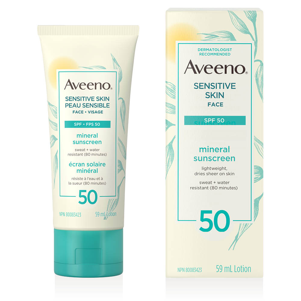 AVEENO® Sensitive Skin Mineral Sunscreen SPF 50 packaging and 59ml lotion squeeze tube