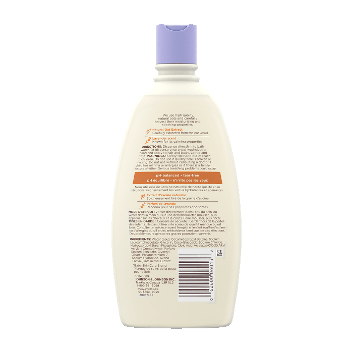 532ml bottle of Aveeno Baby Calming Comfort bath wash, back label