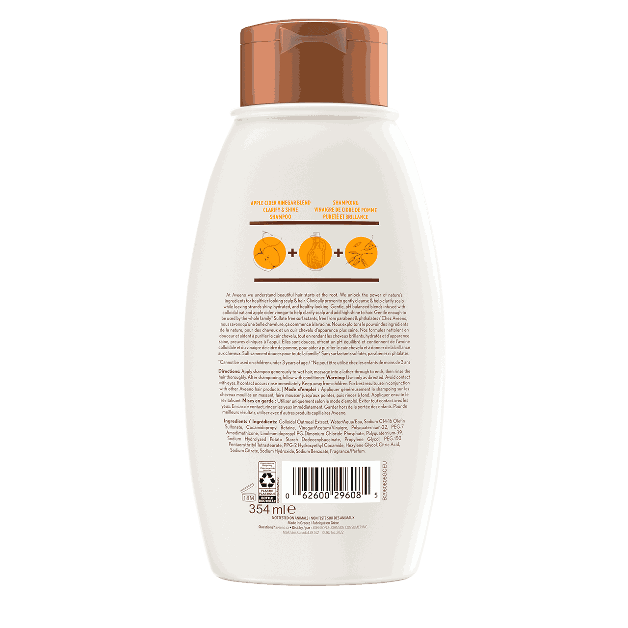 AVEENO® Apple Cider Vinegar Blend, Clarify & Shine Shampoo, 354ml bottle, back label