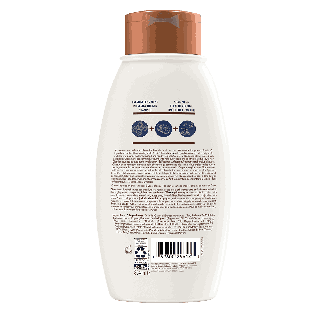 AVEENO® Fresh Greens Blend Shampoo, 354ml bottle, back label