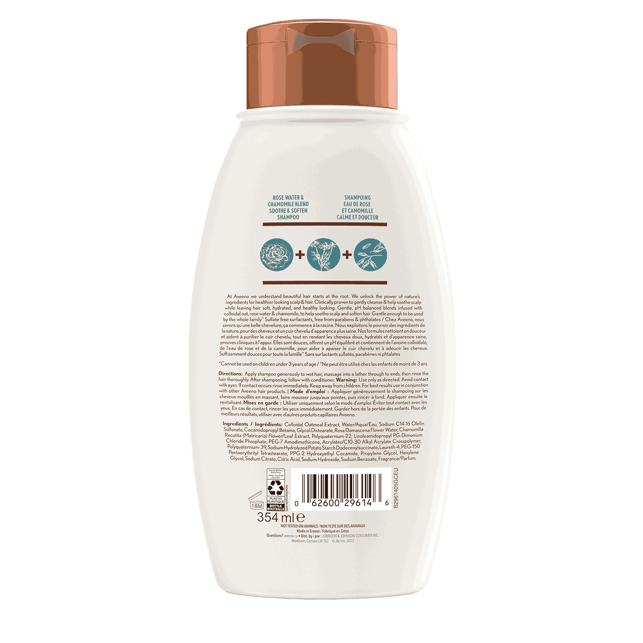 AVEENO® Rose Water & Chamomile Blend Shampoo, 354ml bottle, back label