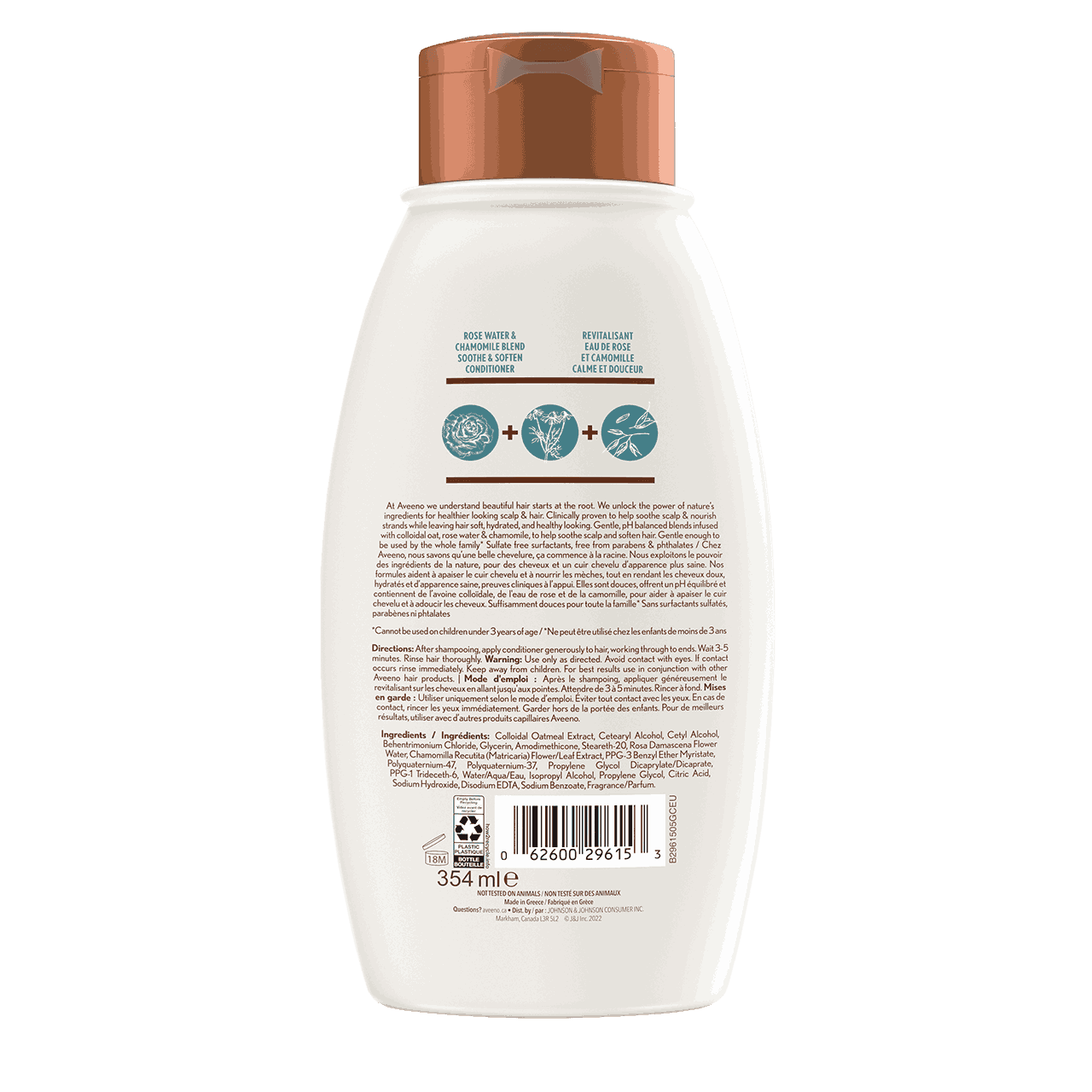 AVEENO® Rose Water & Chamomile Blend Conditioner, 354ml bottle, back label