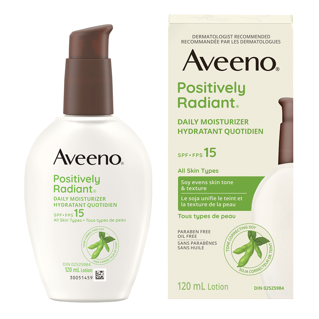 A packet of AVEENO® POSITIVELY RADIANT® Daily Moisturizer with SPF 15, pump bottle 120mL with the packege next to it
