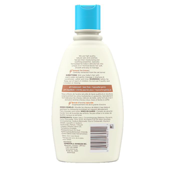 354ml bottle of Aveeno Baby Gentle Conditioning Shampoo, back label
