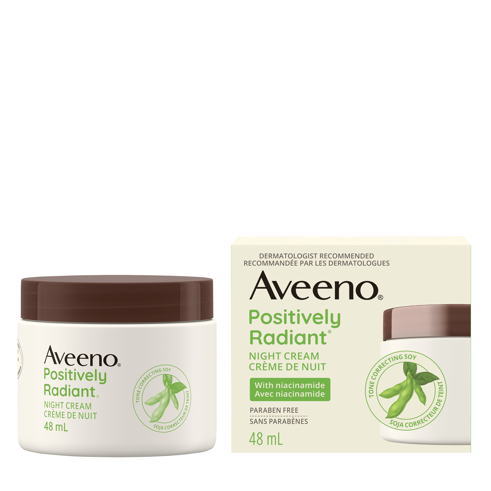 AVEENO® POSITIVELY RADIANT® Night Cream, Jar 48mL with its package next to it