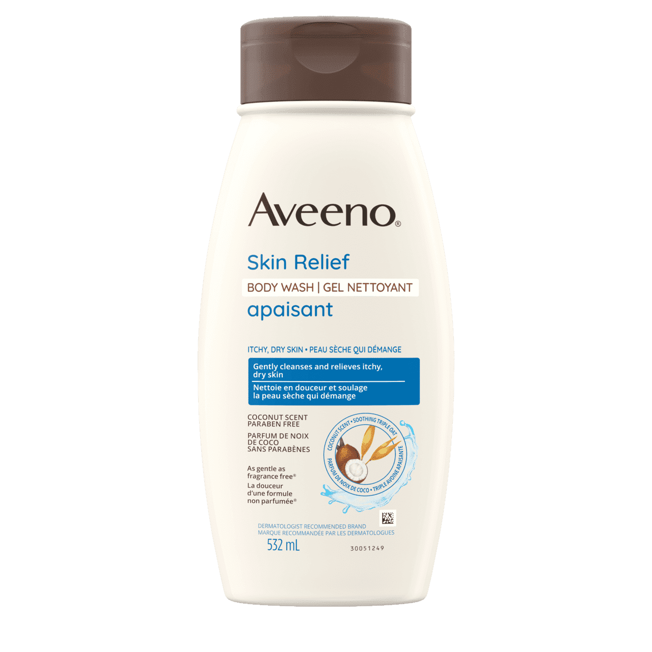 Front Shot of AVEENO® Skin Relief Gentle Scent Coconut Body Wash, 532mL squeeze bottle