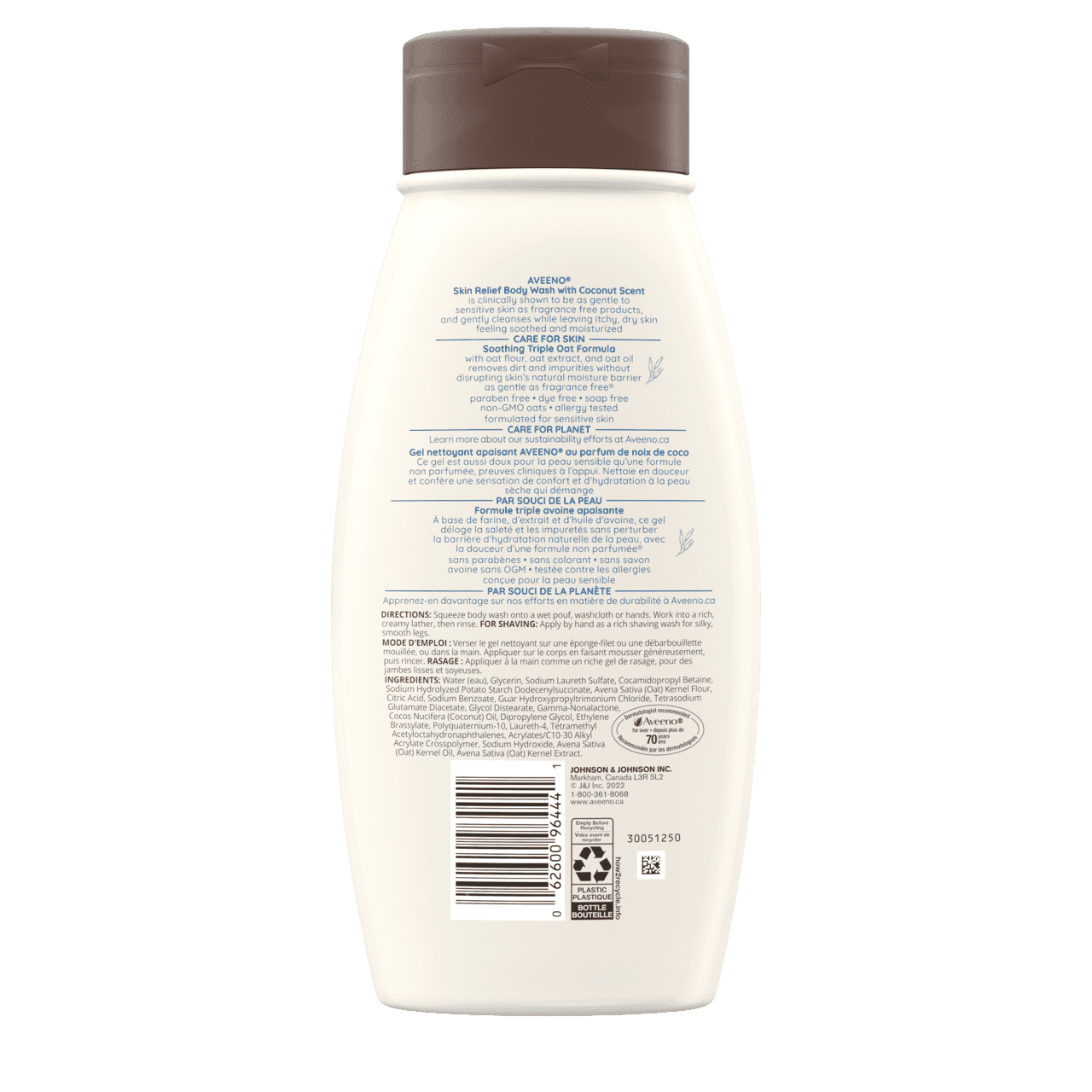 Back Shot of AVEENO® Skin Relief Gentle Scent Coconut Body Wash, 532mL squeeze bottle