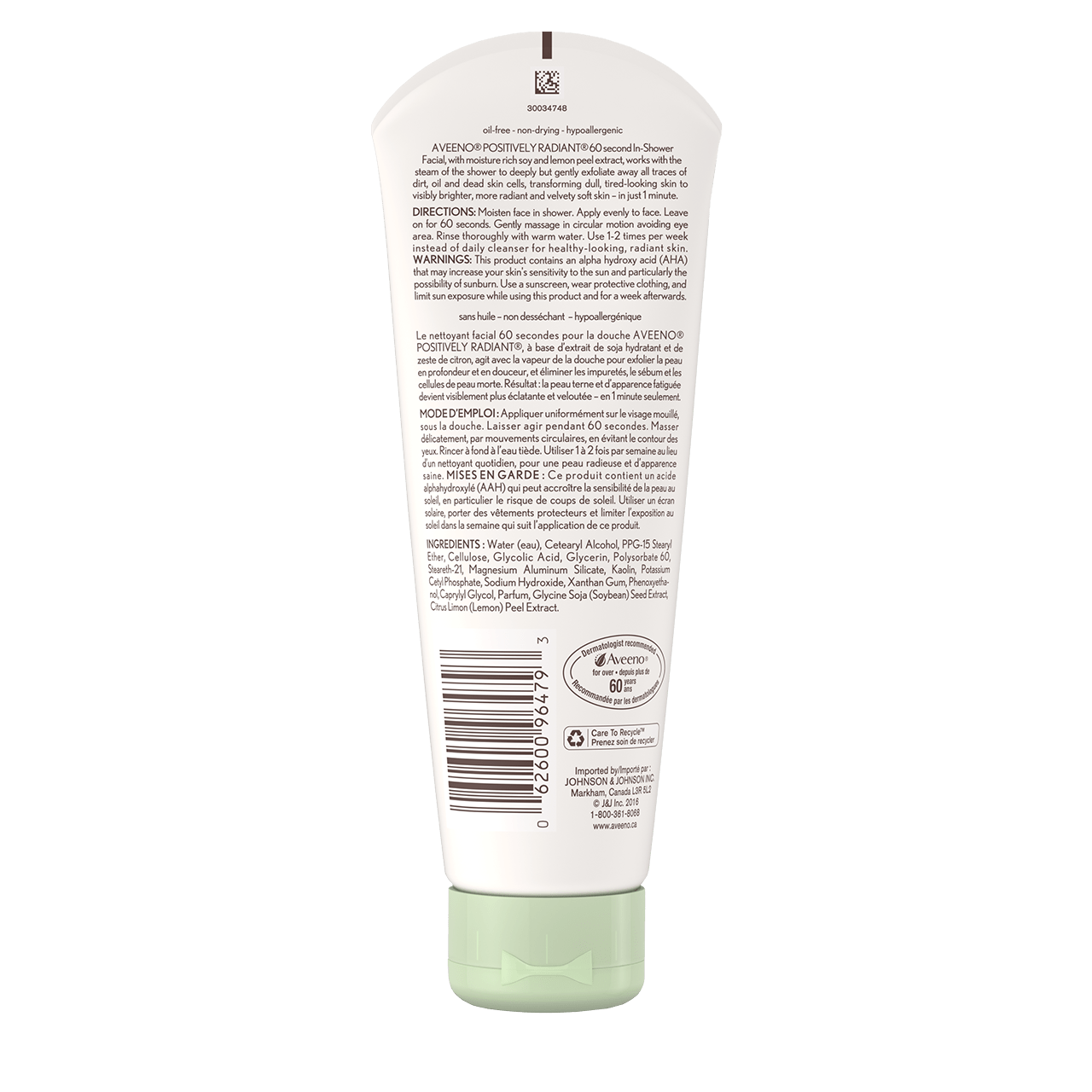 AVEENO® POSITIVELY RADIANT® 60 Second In-shower Facial, 141g tube, back label