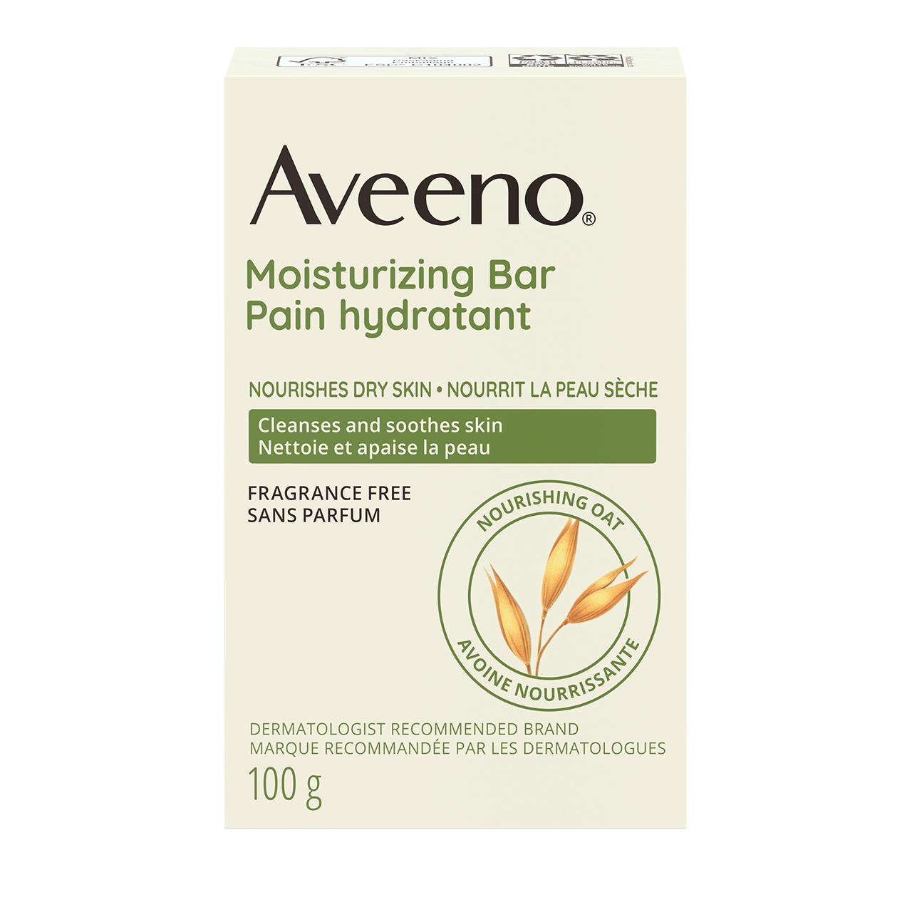AVEENO® Moisturizing Bar for Dry Skin, Fragrance-free, 100g packaging