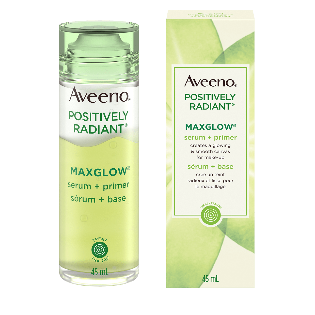 AVEENO® POSITIVELY RADIANT® MAXGLOW® Serum + Primer Packaging and Bottle, 45ml