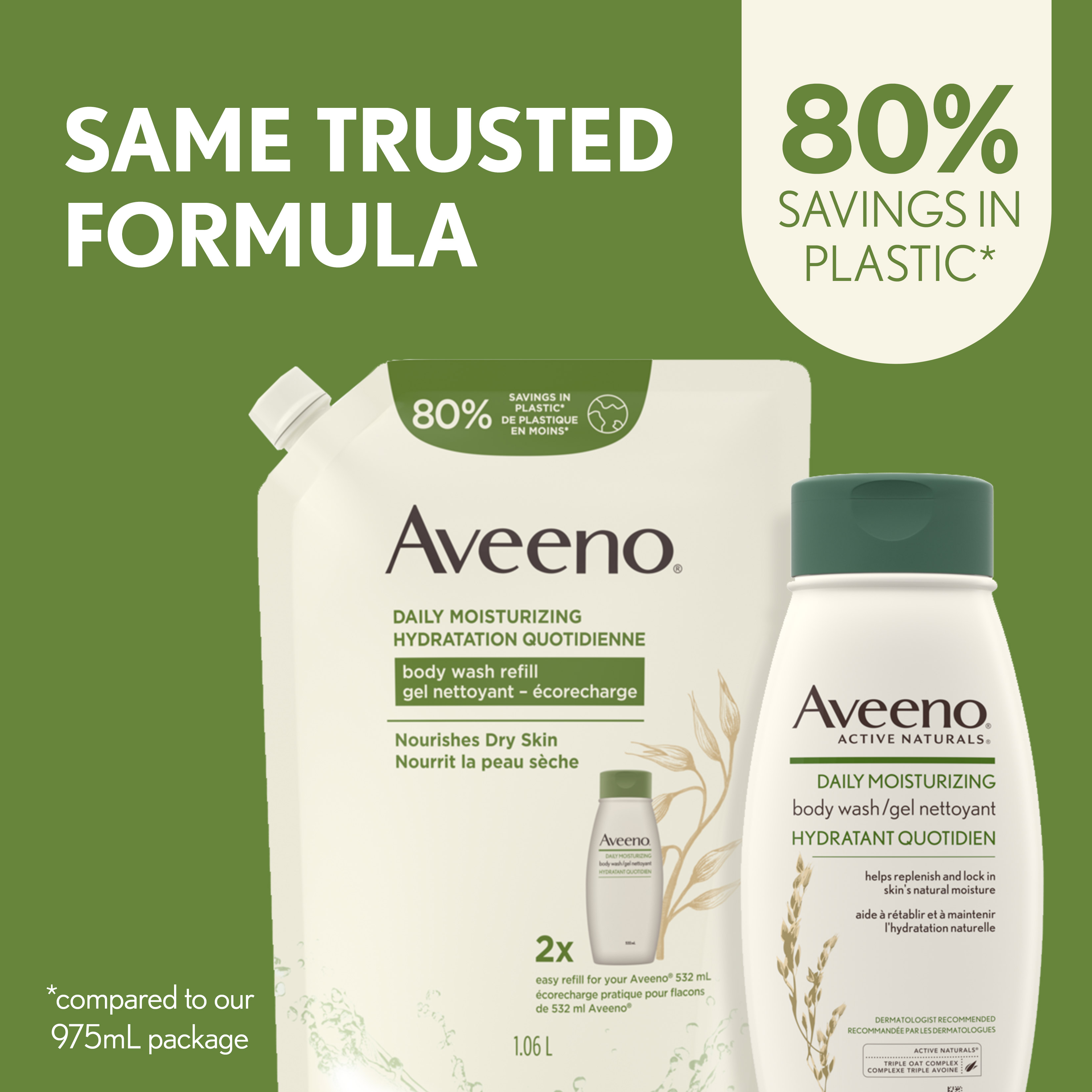 Aveeno Daily Moisturizing Body Wash refill pouch of 1.06litres next to original bottle of 532millilitres