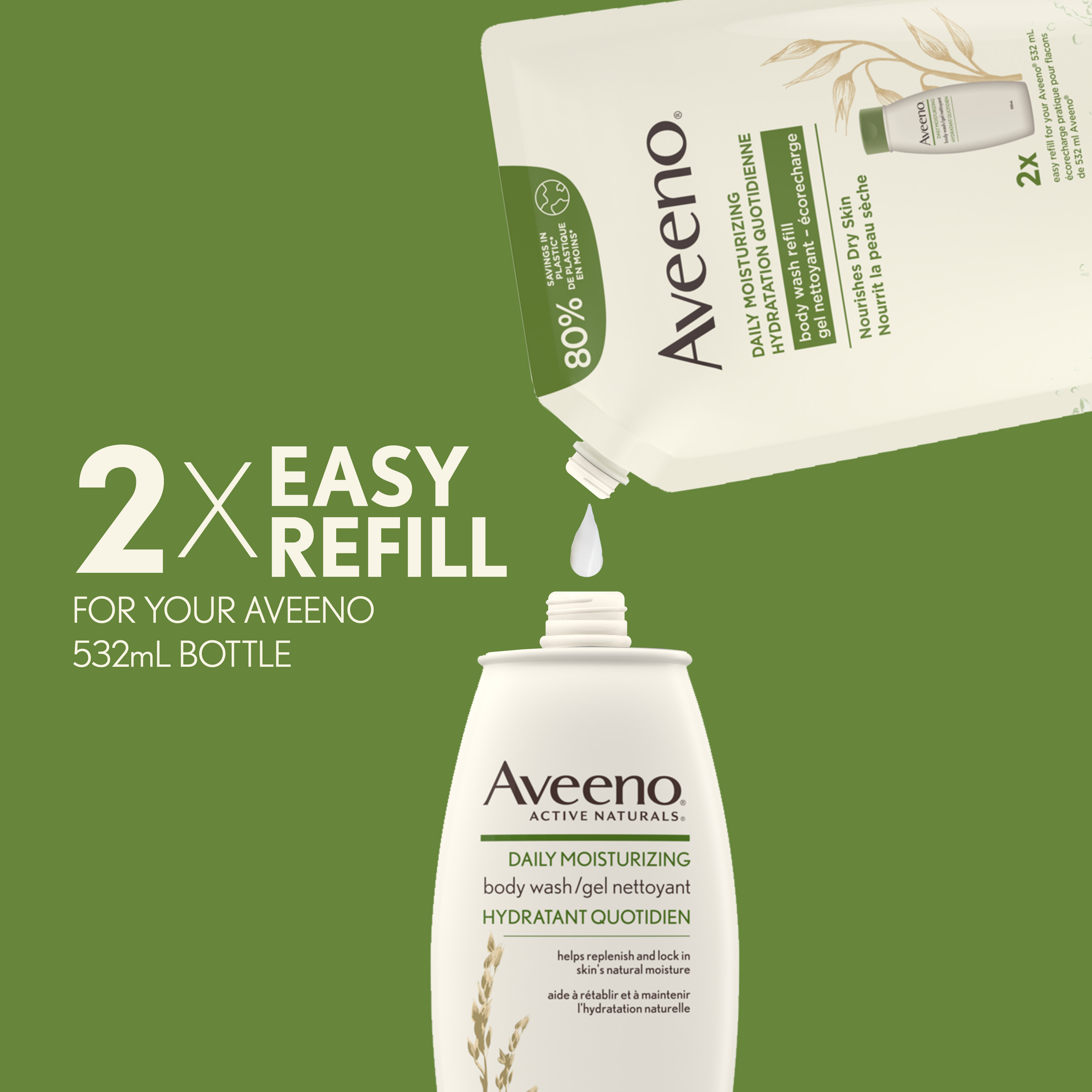 Refill pouch with Aveeno Daily Moisturizing Body Wash being poured into original product bottle of 532millilitres