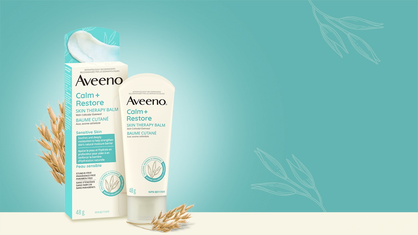 A banner with AVEENO® Calm + Restore Skin Therapy Balm packaging and a squeeze tube, 48g.