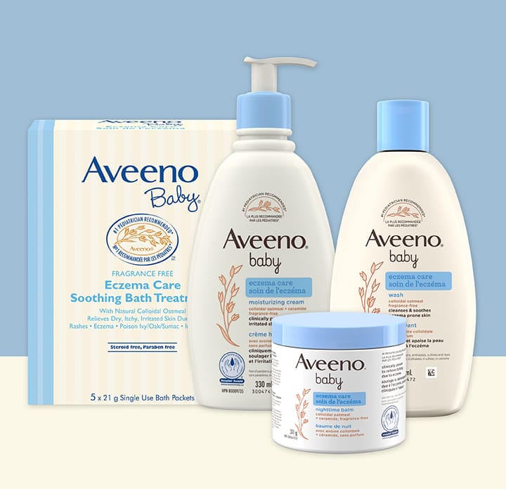 Four Aveeno® Baby Eczema Care Products including Eczema Care Wash, Eczema Care Nighttime Balm, Eczema Care Moisturizing Cream and Eczema Care Soothing Bath Treatment