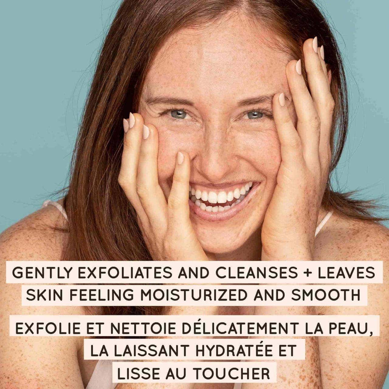 Woman smiling with text explaining the product gently exfoliates and cleanses the skin.