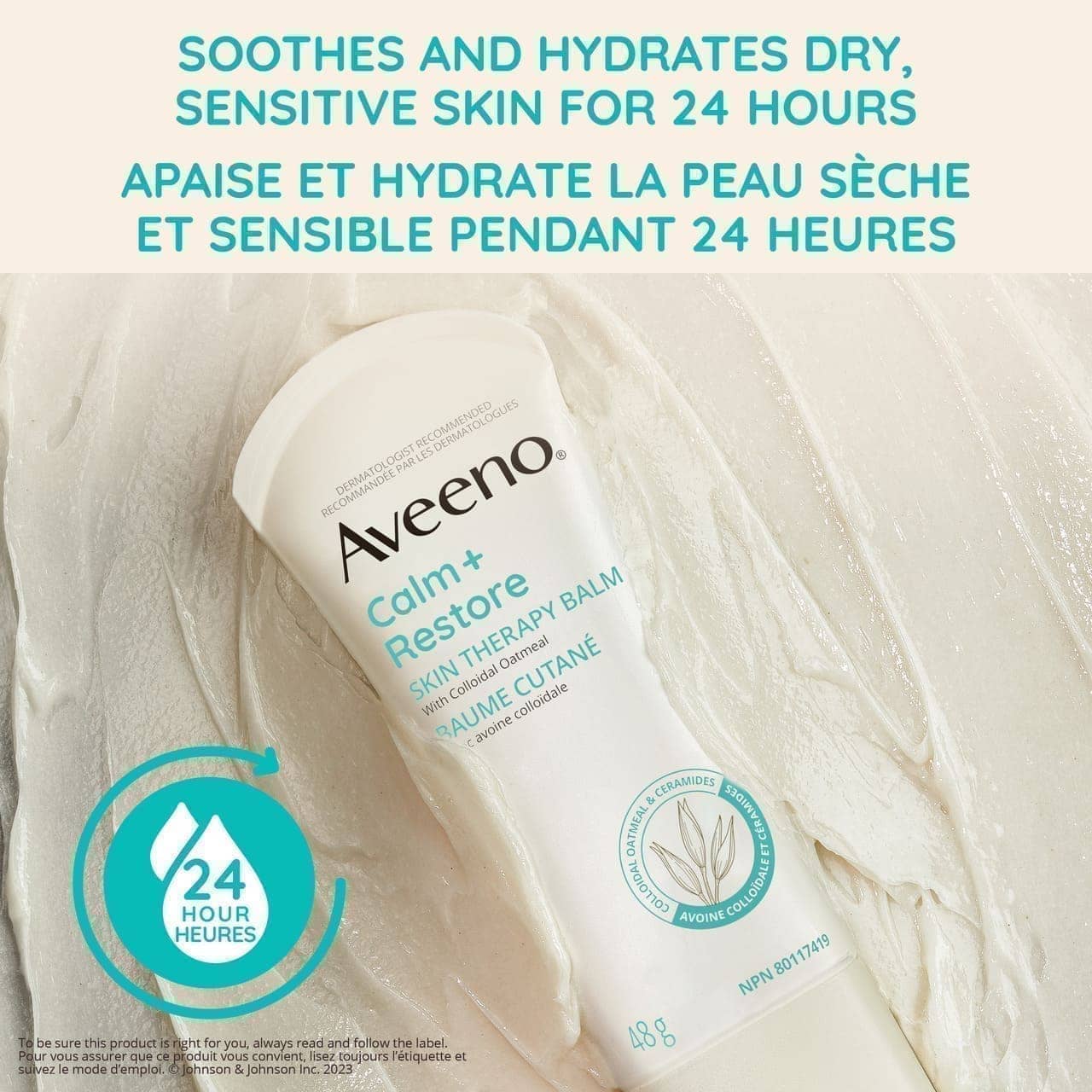 AVEENO® Calm + Restore Skin Therapy Balm, squeeze tube, 48 g with a claim stating ' Soothes and Hydrates Dry, Sensitive Skin for 24 hours'