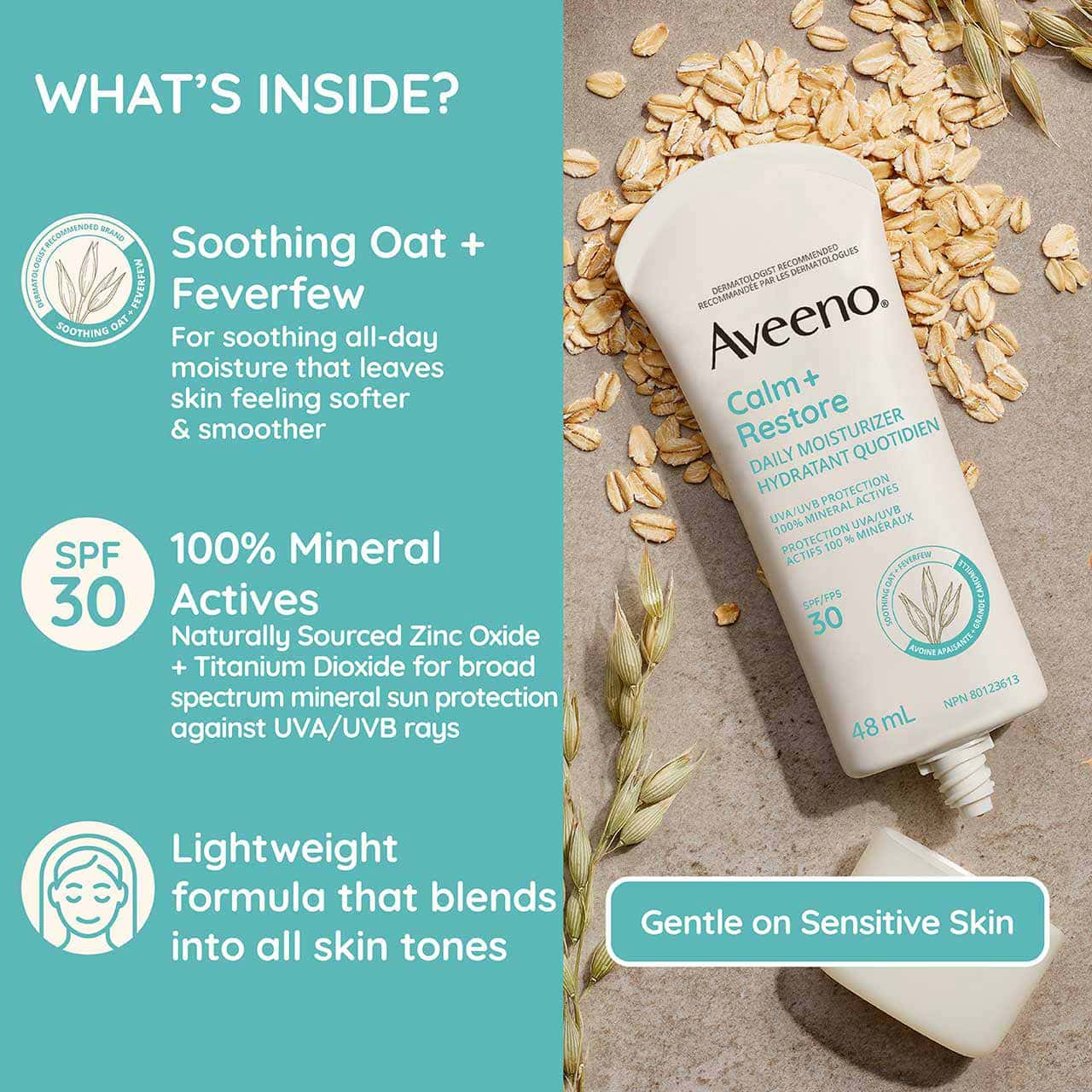 Aveeno® Calm + Restore Daily Moisturizer, Mineral SPF 30, squeeze tube with open lid displayed on rolled oats