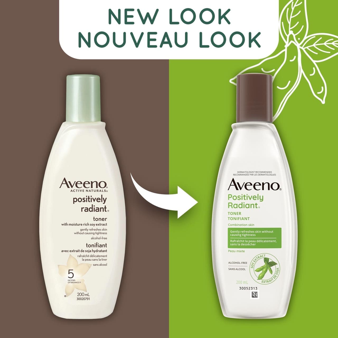 Old and new packaging of AVEENO® Positively Radiant Toner, 200 mL bottles, with text 'new look'