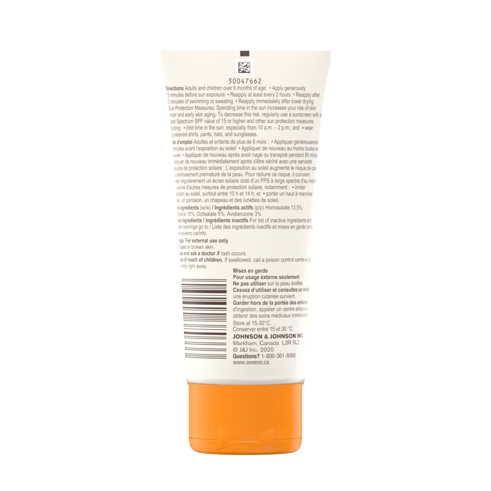 AVEENO® PROTECT + HYDRATE® Sunscreen tube back label 