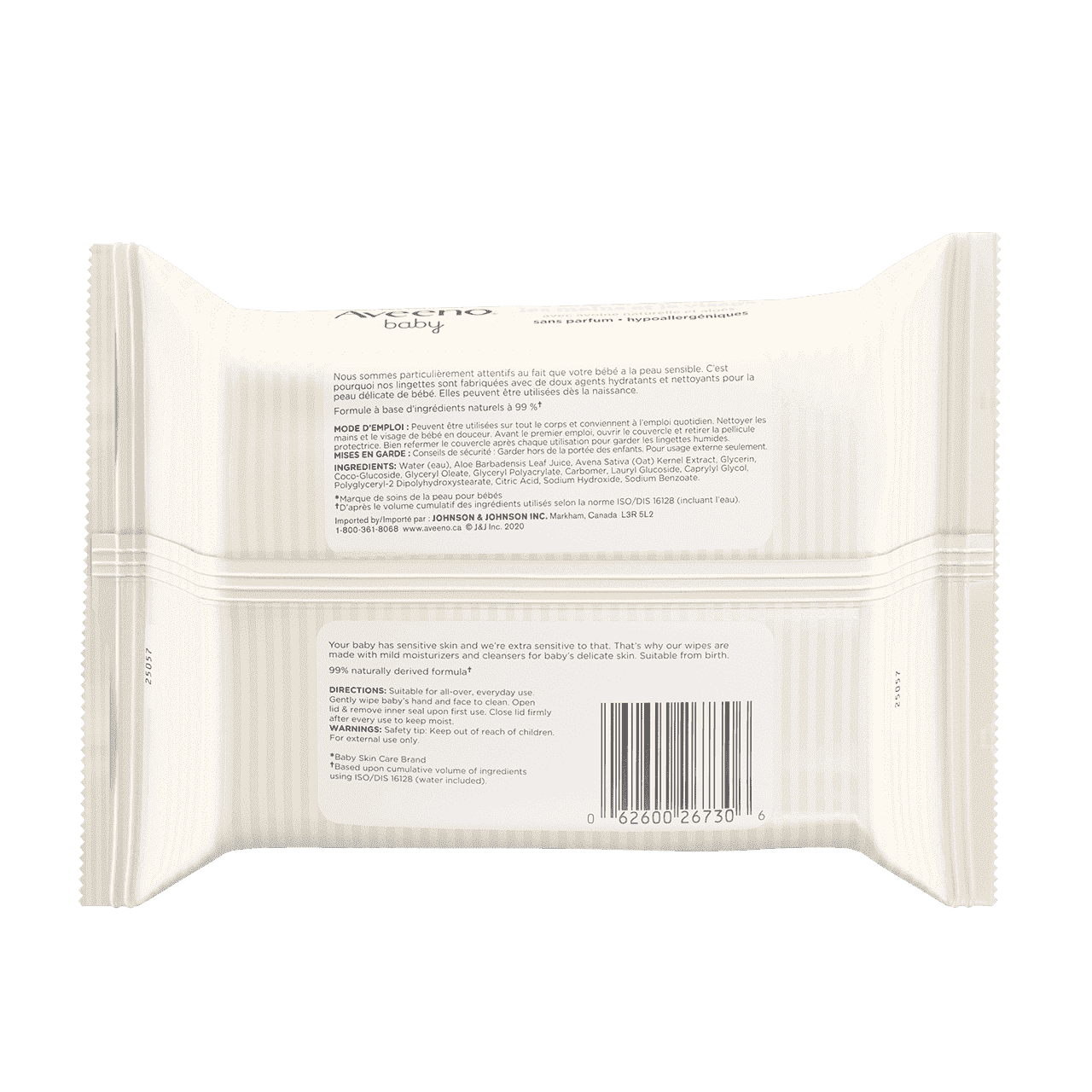 Baby Hand & Face Wipes, pack of 25 disposable wipes, back label