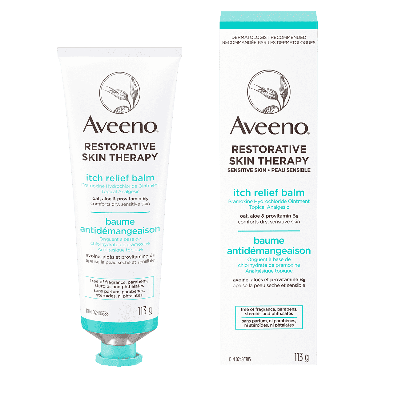 AVEENO® Restorative Skin Therapy Itch Relief Balm packaging and 113g tube