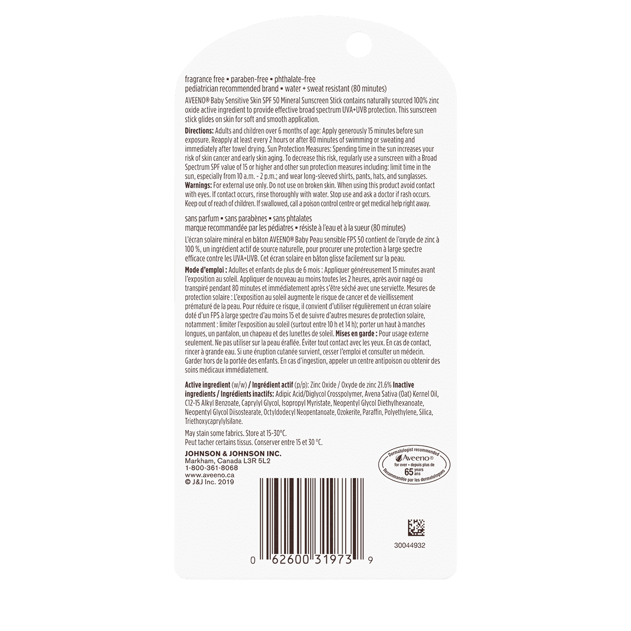 A packet of AVEENO® Baby Sensitive Skin Mineral sunscreen stick SPF 50, 13gr, back label 