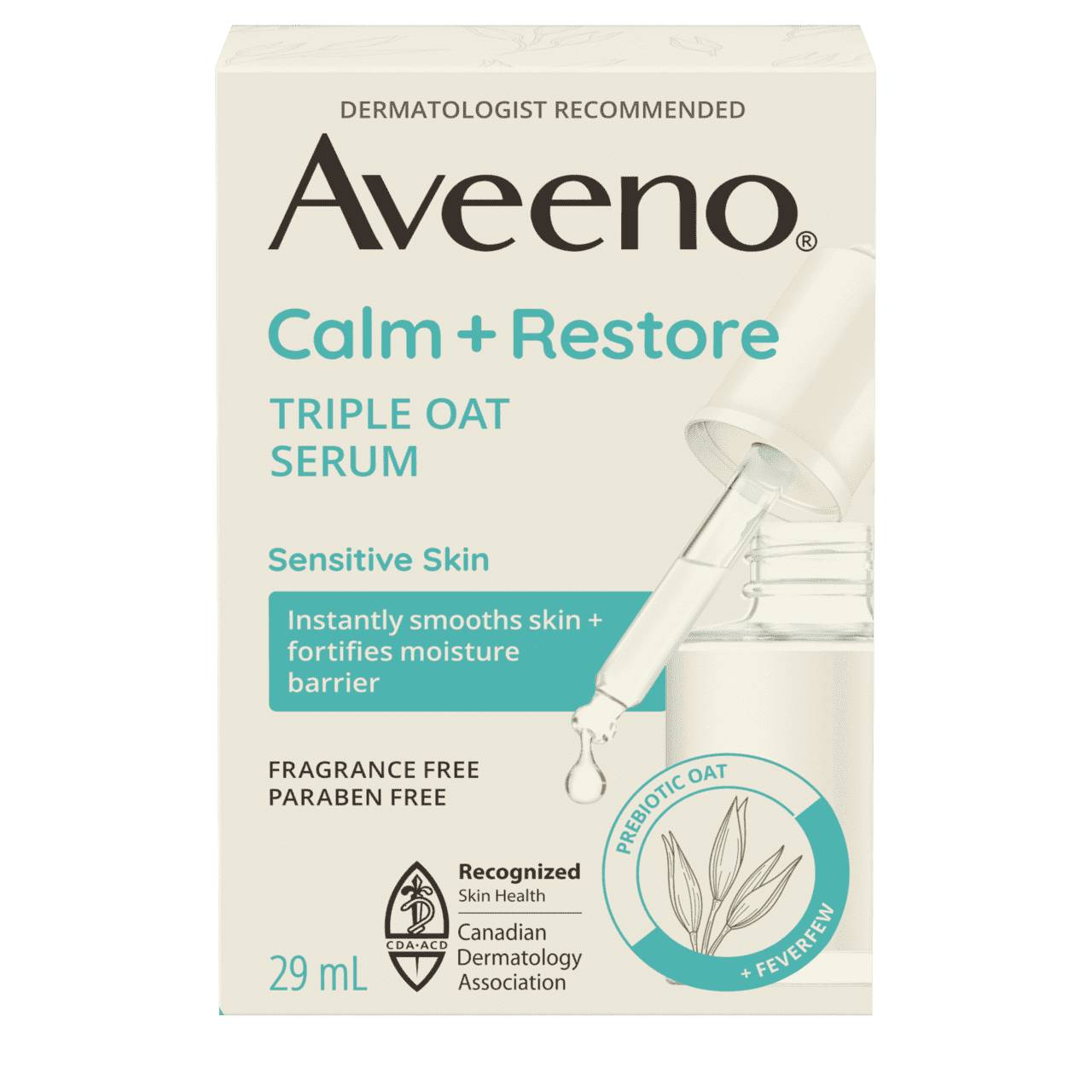 English side of packaging for AVEENO® Calm + Restore Triple Oat Serum