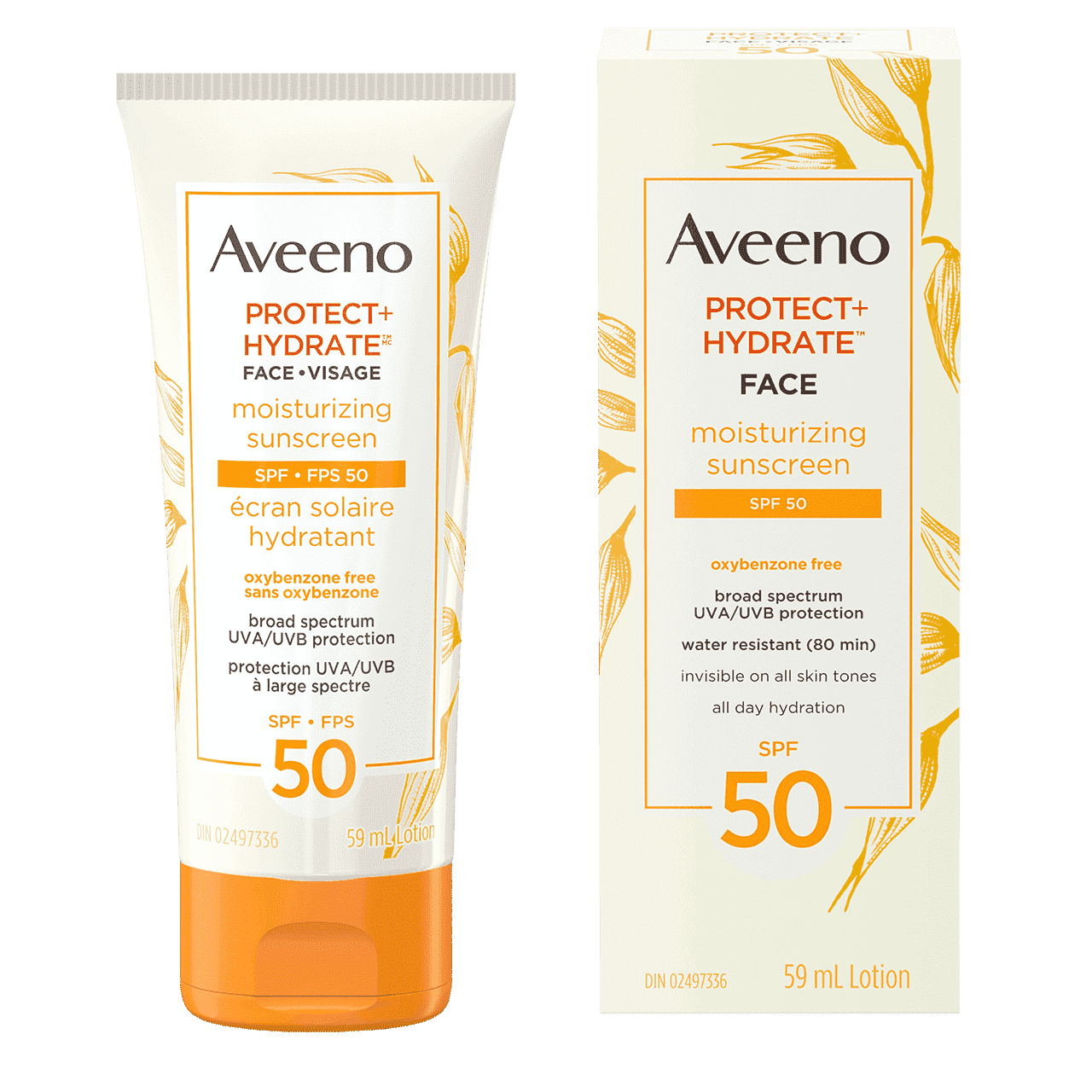 AVEENO® PROTECT + HYDRATE Face Moisturizing Sunscreen SPF 50 tube and package