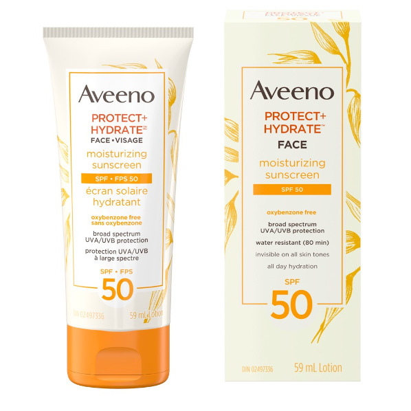 AVEENO® PROTECT + HYDRATE Face Moisturizing Sunscreen SPF 50 tube and package 
