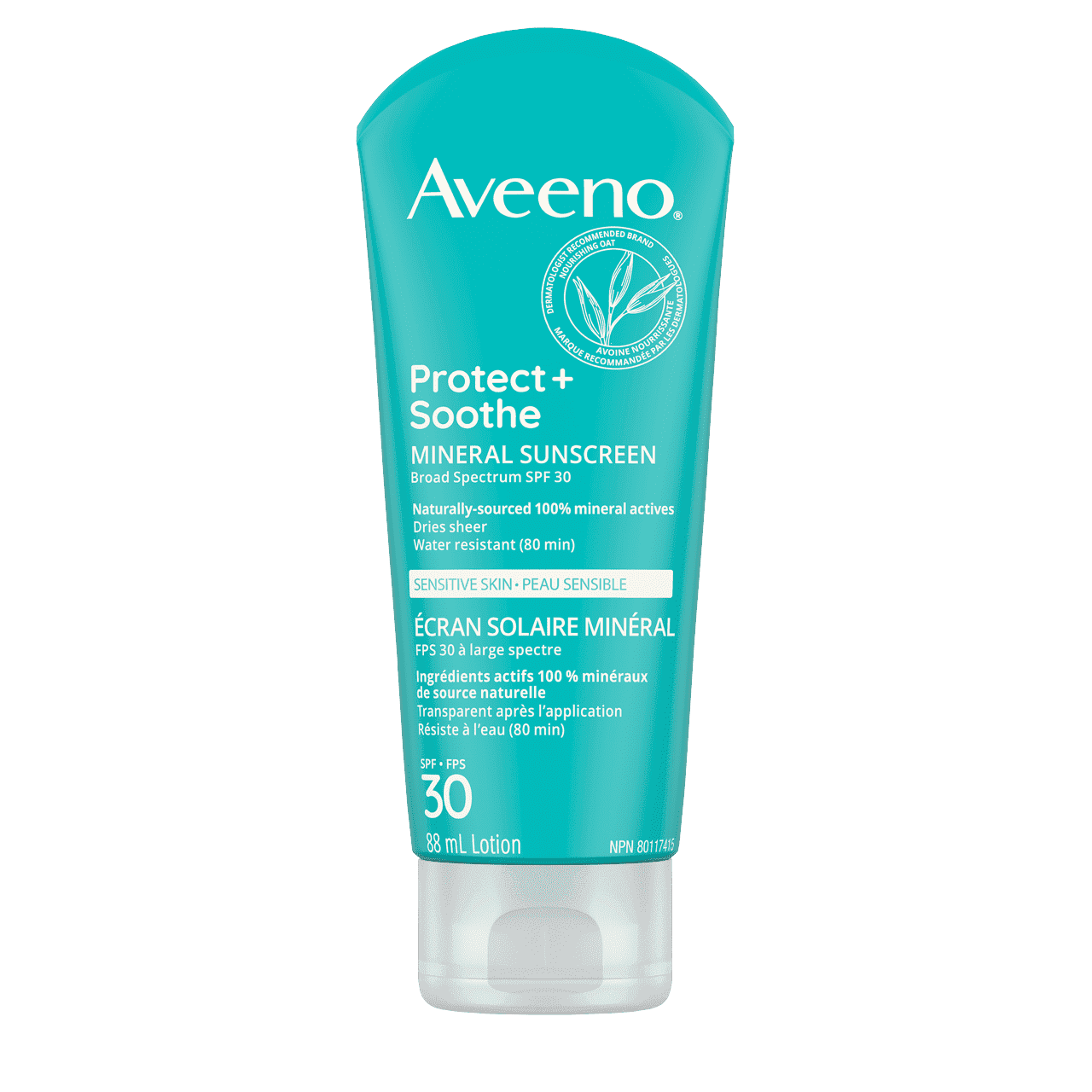 AVEENO® Protect + Soothe Mineral Sunscreen with SPF 30 for Sensitive Skin, squeeze tube, 88 mL