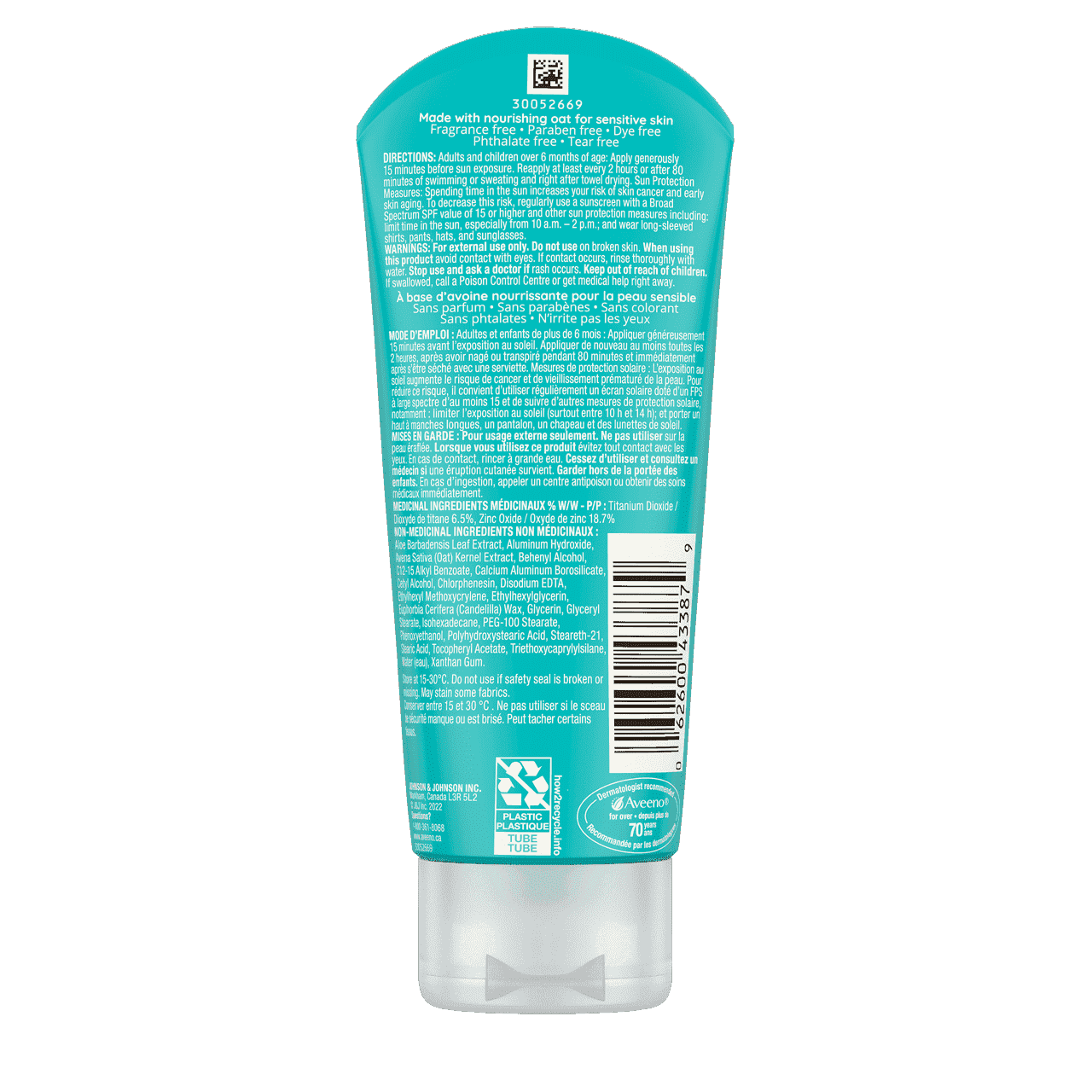 AVEENO® Protect + Soothe Mineral Sunscreen with SPF 30 for Sensitive Skin tube back label