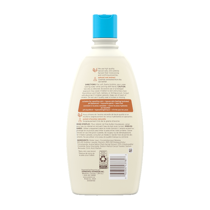 AVEENO® Baby Bubble Bath for Sensitive Skin bottle back label, 568ml