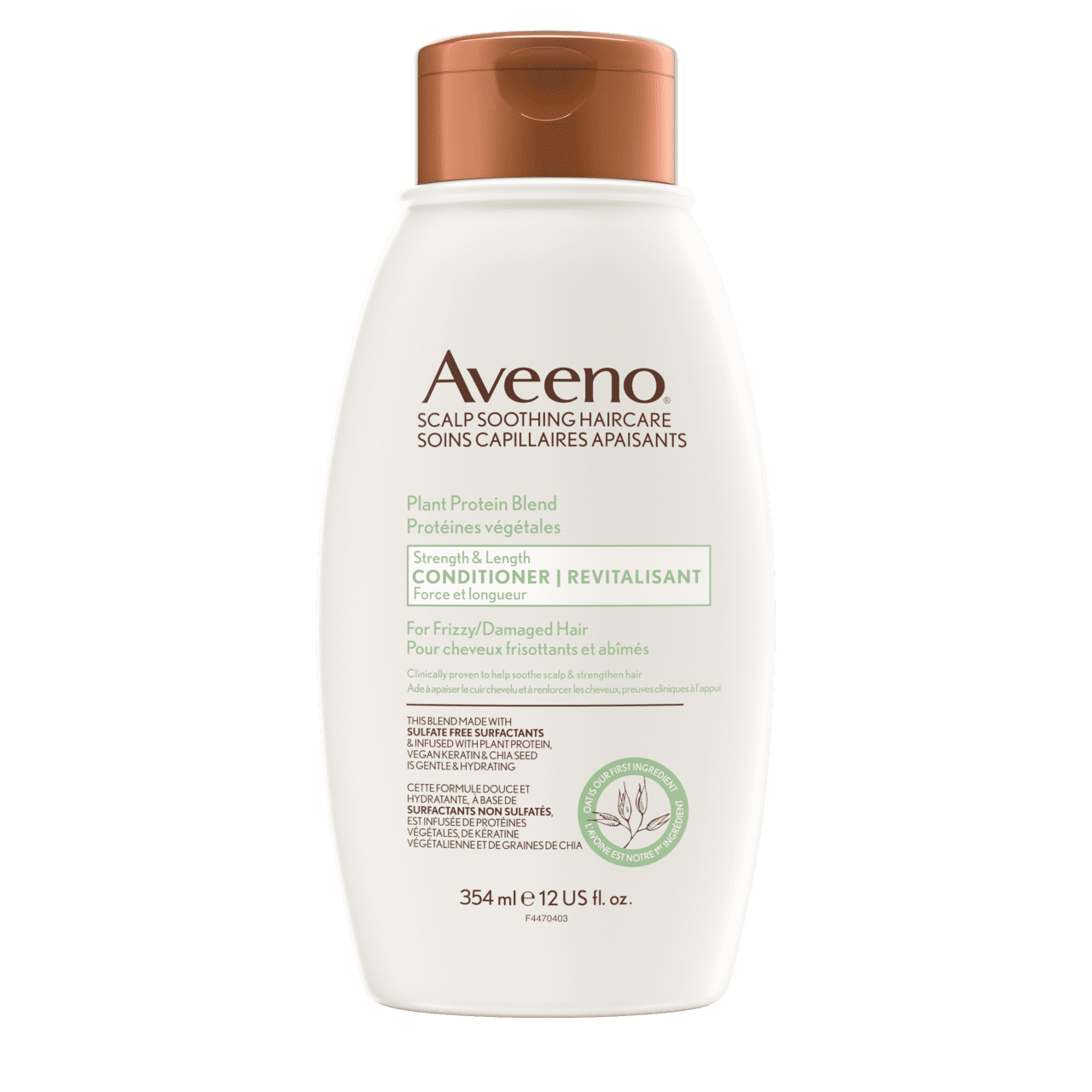 The front shot of AVEENO® Plant Protein Blend Strength & Length Hair Conditioner, squeeze bottle, 354 mL