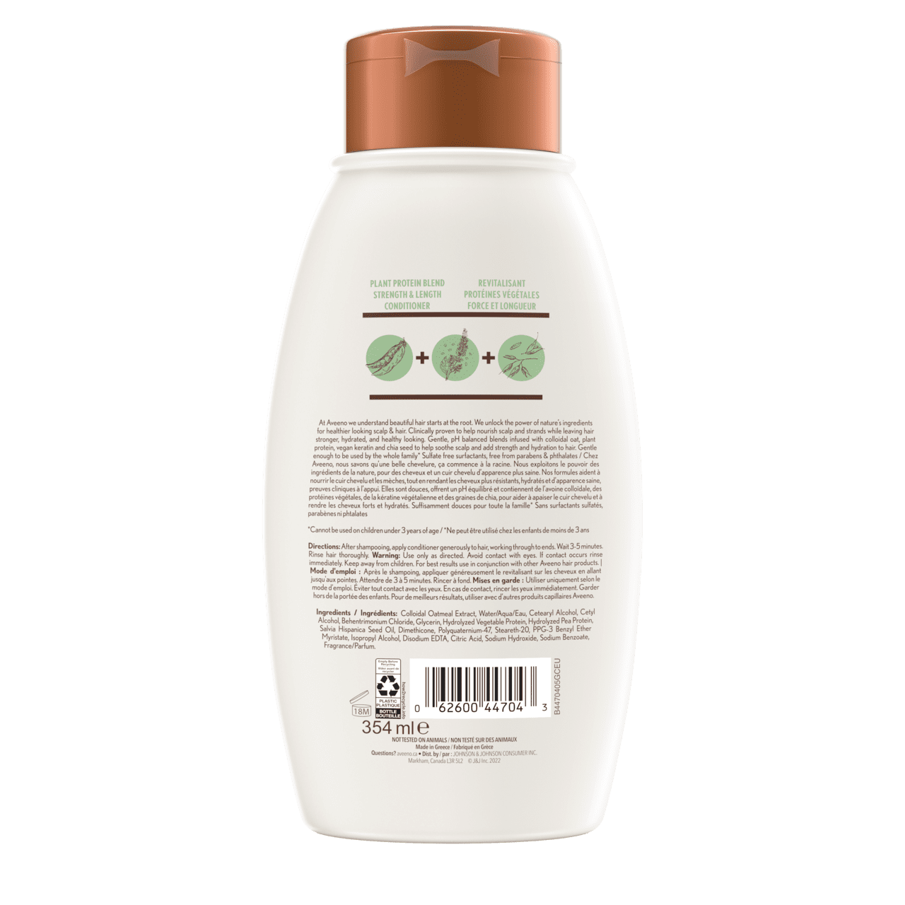 The back shot of AVEENO® Plant Protein Blend Strength & Length Hair Conditioner, squeeze bottle, 354 mL