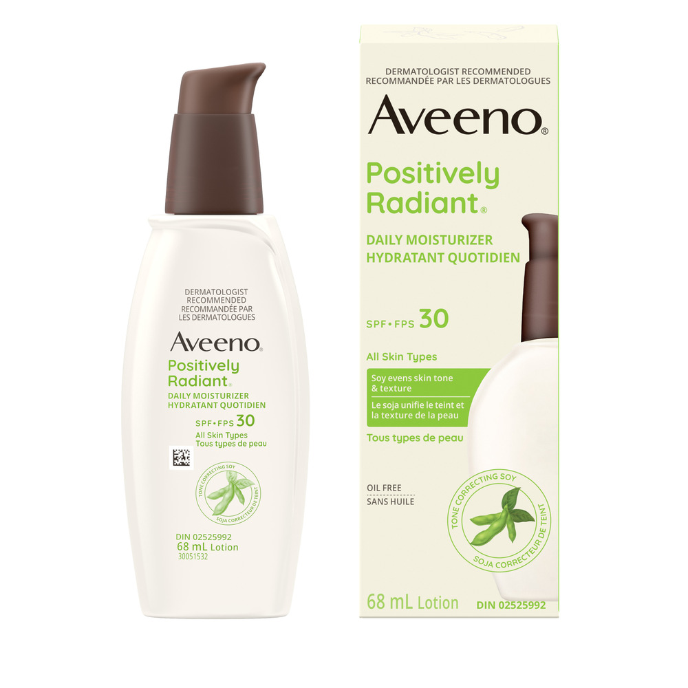 A packet of AVEENO® POSITIVELY RADIANT® Daily Moisturizer with SPF 30, pump bottle, 68mL with its package next to it