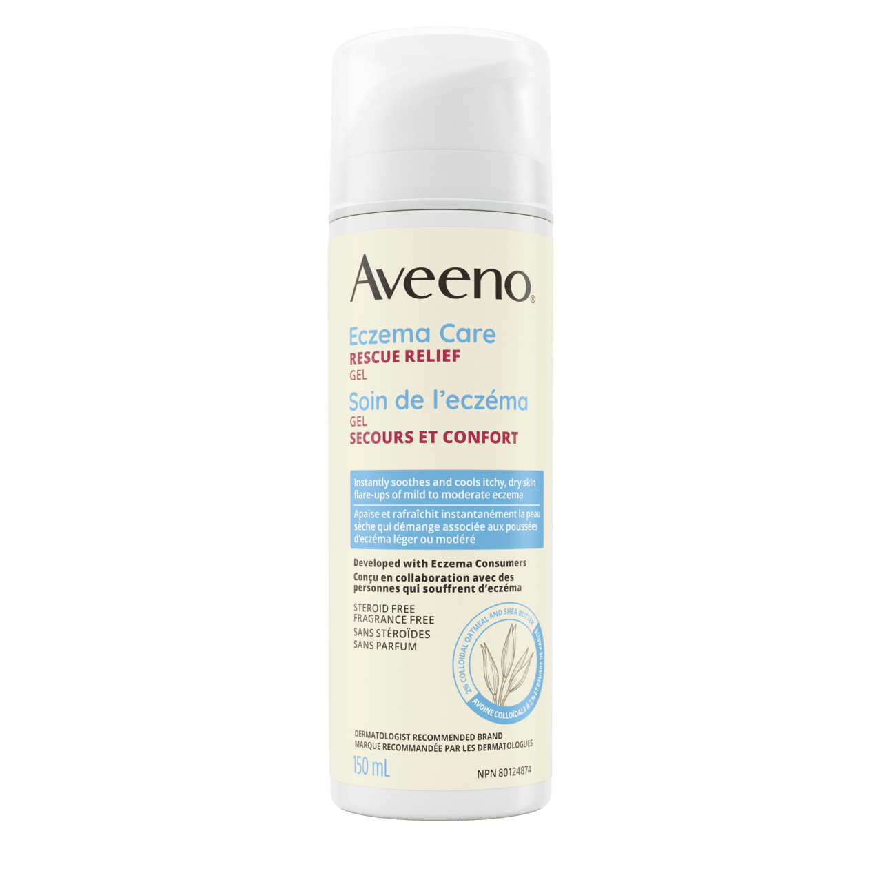 Front shot of Aveeno® Eczema Care Rescue Relief Gel, pump bottle, 150mL