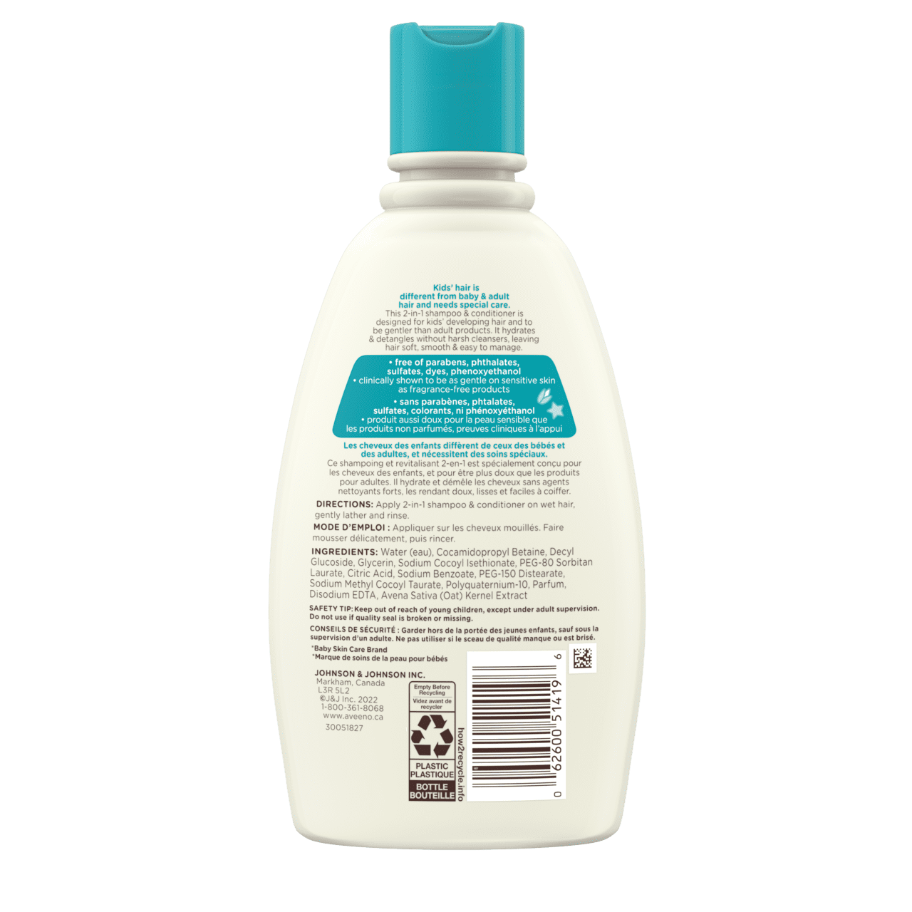 Back side of bottle of AVEENO® Kids Hydrating Shampoo & Conditioner, 354mL