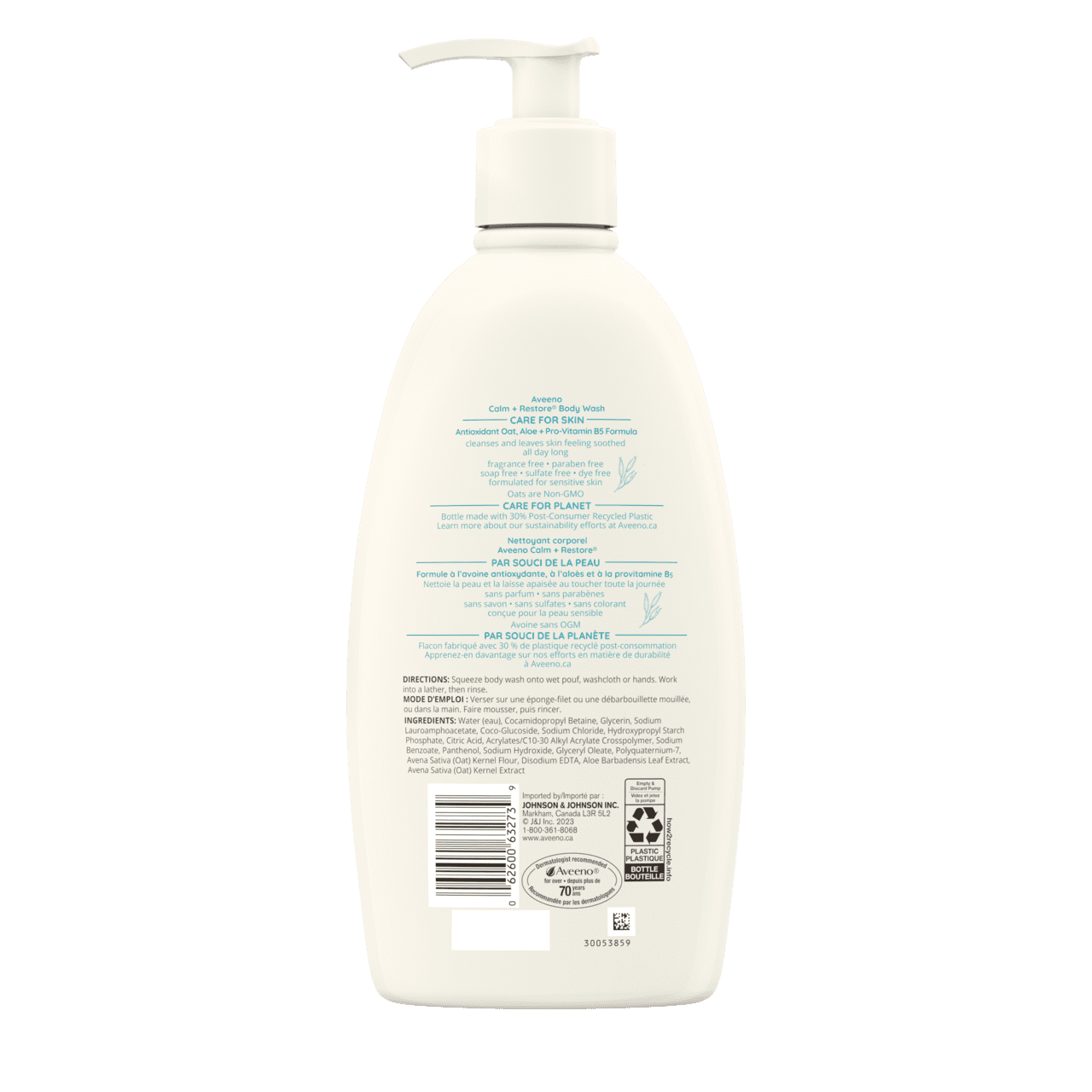 AVEENO® Calm + Restore Body Wash, pump bottle, back label.