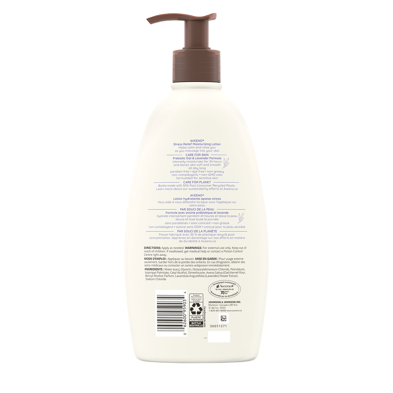 AVEENO® Stress Relief Body Lotion back label, pump bottle, 532 ml