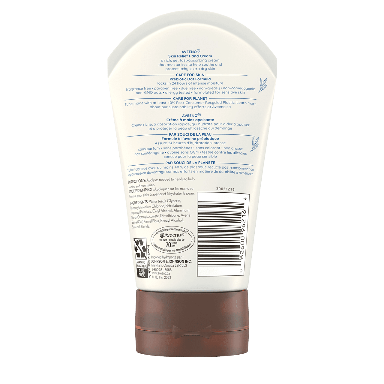 AVEENO® Skin Relief Hand Cream, Fragrance-free, 97ml squeeze tube, back label