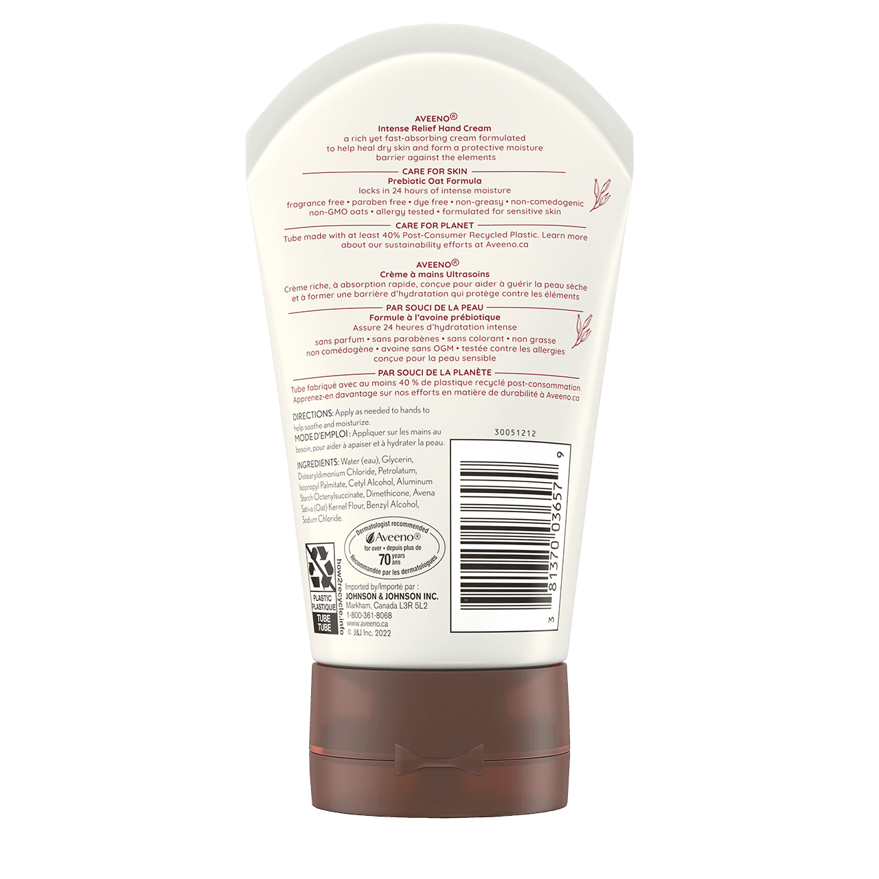 AVEENO® Intense Relief Hand Cream, Fragrance-free, 97ml squeeze bottle, back label