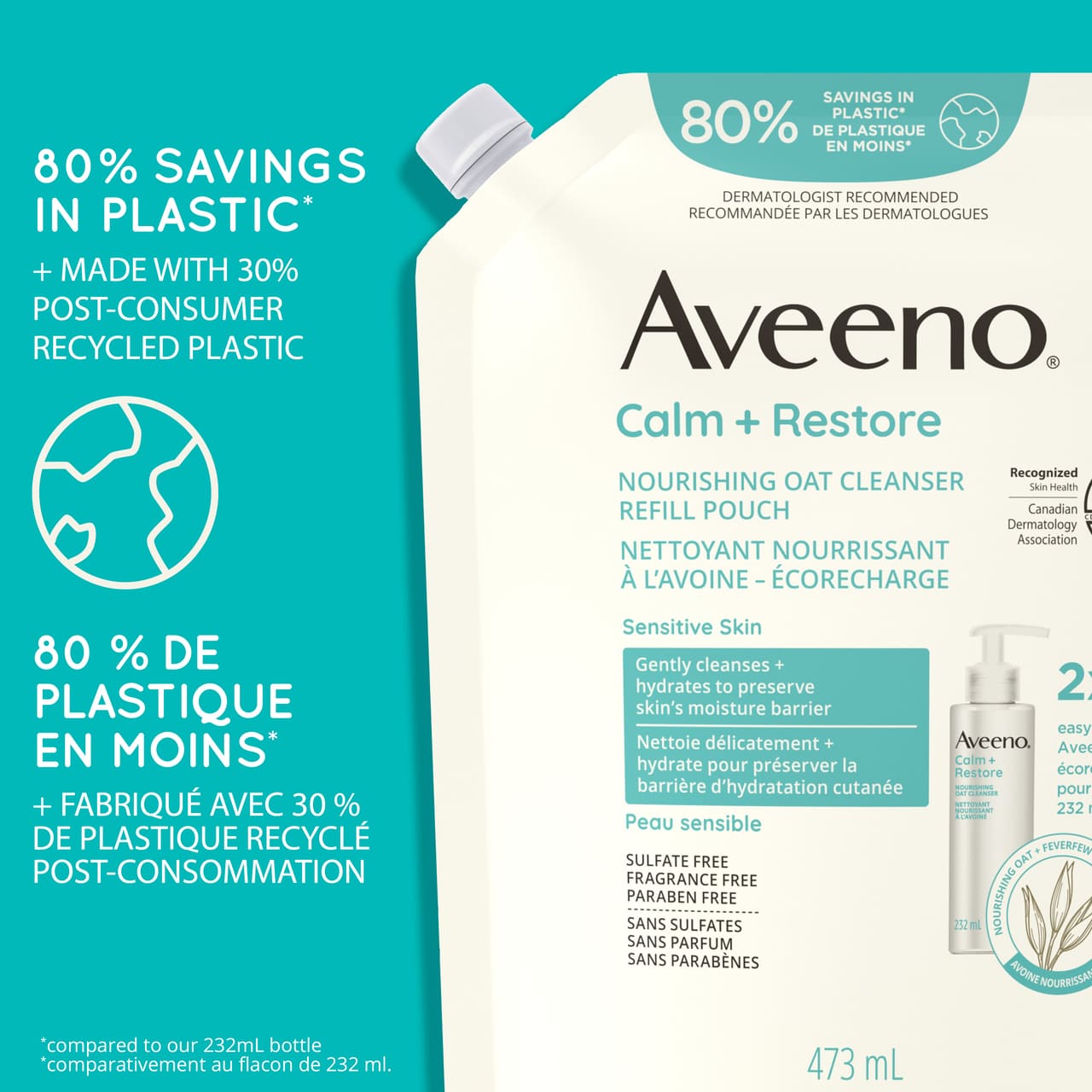 Aveeno Calm + Restore Cleanser Refill Pouch and  text stating ' 80% savings in plastic & made with 30% post-consumer recycled plastic.’