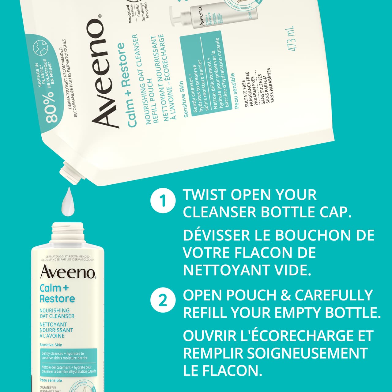 Aveeno Calm + Restore Cleanser Refill Pouch with text '1-Twist open the cleanser bottle cap, 2- open pouch & refill the empty bottle.'