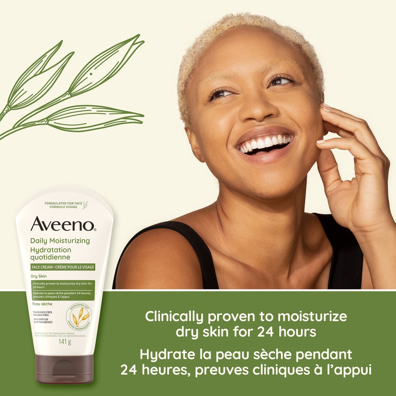 Woman smiling with Aveeno Daily Moisturizing Face Cream tube and text stating 'Clinically proven to moisturize dry skin for 24hrs'.