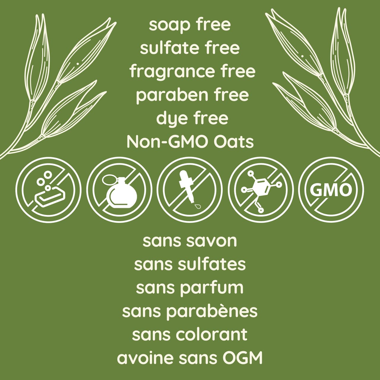 Text explaining that the product is free of soap, sulfate, fragrance, paraben, dye and non-GMO.
