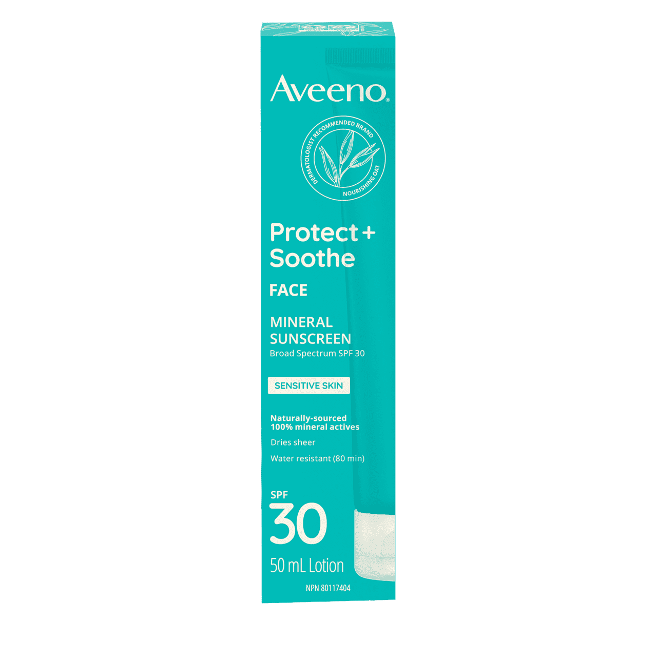 Packaging of AVEENO® Protect + Soothe Face Mineral Sunscreen for Sensitive Skin with SPF 30, 50 mL